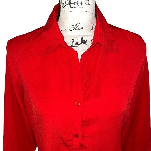 Notations red button down collared 3/4 sleeve blouse small - Picture 2 of 6